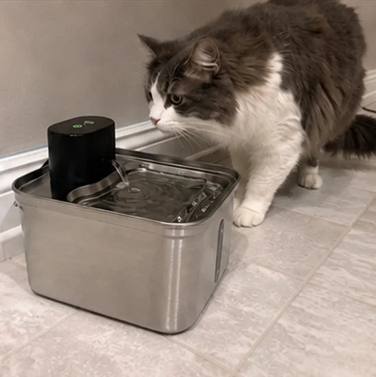 Cat drinking from the stainless surface