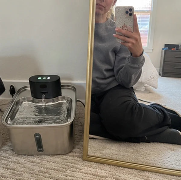 Owner at home beside the fountain