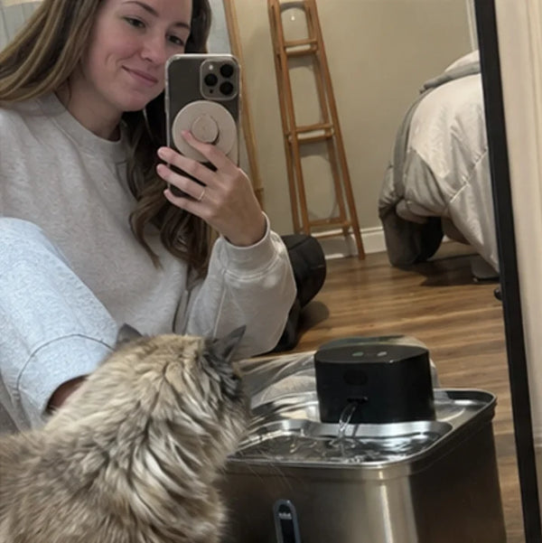 Owner and cat beside the fountain
