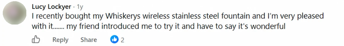 Screenshot of a Facebook comment by Lucy Lockyer: I recently bought my Whiskerys wireless stainless steel fountain and I'm very pleased with it....... my friend introduced me to try it and have to say it's wonderful